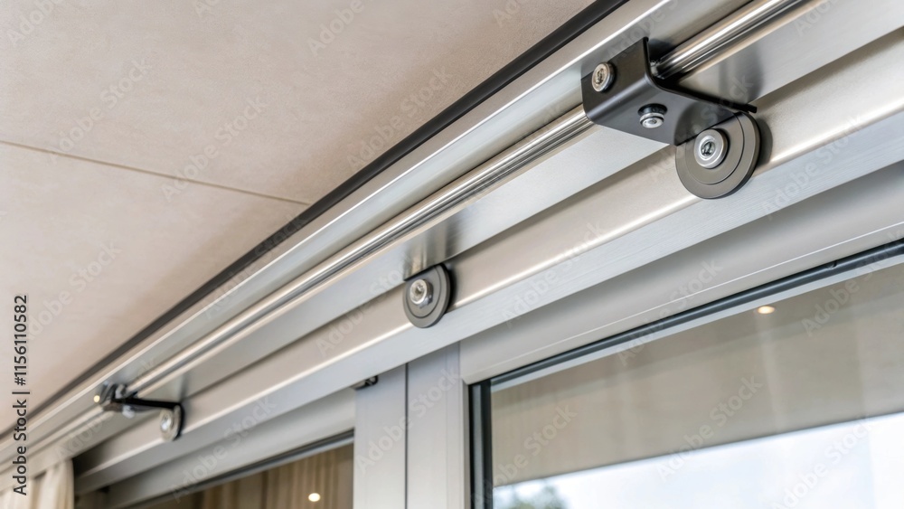 Aufkleber A closeup of a minimalistic track system mounted flush against a smooth ceiling featuring polished aluminum finish and seamlessly integrated rollers for the sliding partition.