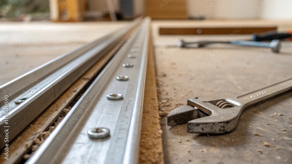Poster A closeup of a halfinstalled sliding door track with dust and dirt hints in the grooves and a wrench laying beside it awaiting the next round of assembly.