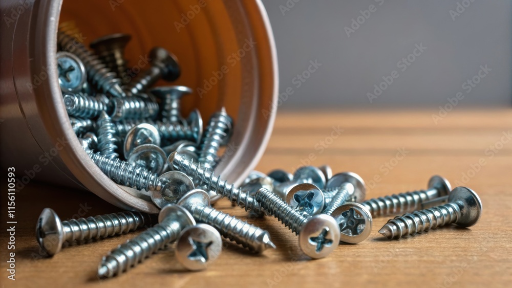 Poster A closeup of a handful of screws spilling from an upturned container some rolling away while the shiny surfaces continue to reflect bright light creating a sense of motion and