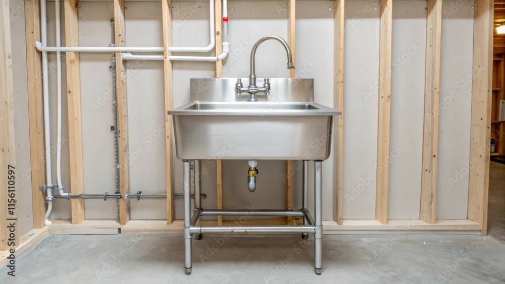 Poster a closeup of an empty laundry area reveals perfectly aligned plumbing fixtures with a newly installe