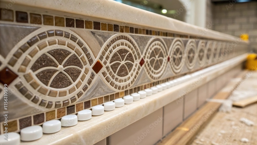 Poster A closeup of a halffinished backsplash featuring intricate mosaic tiles with tiny white spacers neatly arranged showcasing the craft and detail committed to the renovation project.