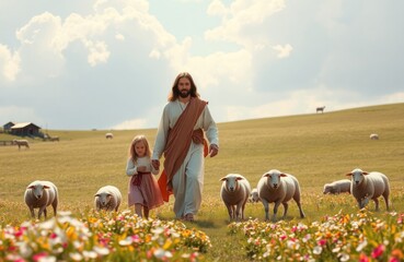 Jesus Christ leads two young girls through flower field with sheep. Peaceful scene shows faith, love. Sunny day in rural landscape. Beautiful image for religious family themes. Pastoral setting. © Maryna