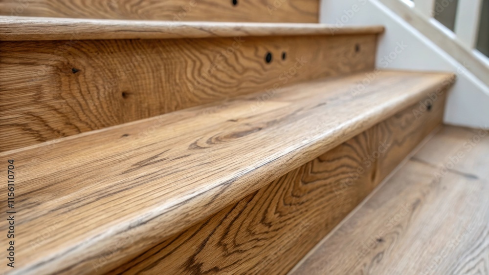 Poster a closeup image of the edge of a stair tread focusing on the visible texture of the wood grain with 