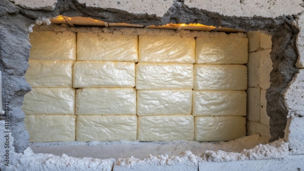 Aufkleber A closeup image of neatly packed fiberglass insulation with a slight sheen reflecting light within its compressed structure contrasted against the jagged edges of the surrounding