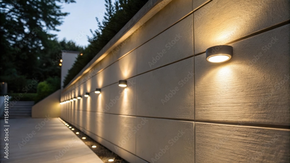 Poster A closeup image capturing the gleam of light reflecting off the walls surface where recessed lights illuminate the flatness revealing a serene atmosphere.