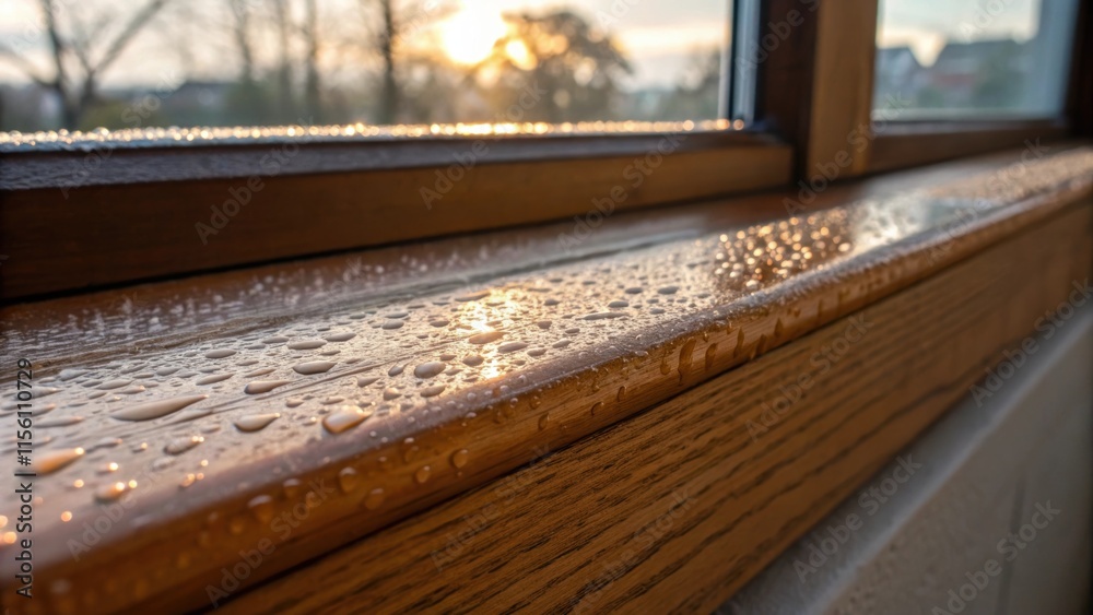 Poster A closeup image of a window ledge captured in soft morning light the protective tape reflecting a hint of glossy sheen. Tiny droplets of moisture rest on the woods surface.