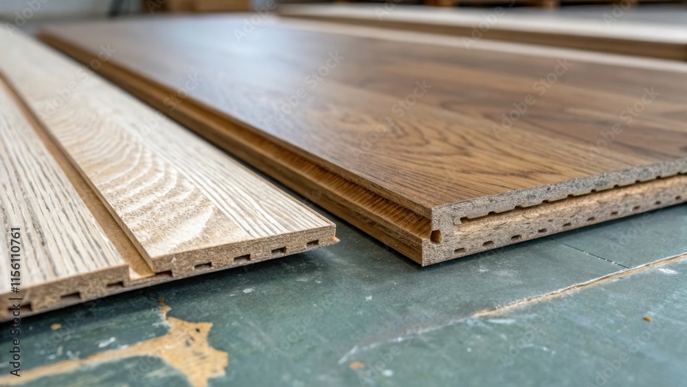 Poster A closeup focused on the tongueandgroove edges of two laminate boards emphasizing the precision of their engineered design despite their current discarded state.
