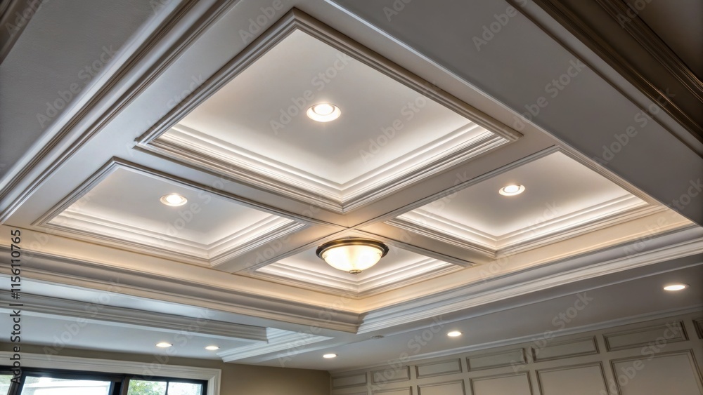 Poster A closeup detailing the smooth integration of a recessed light in a coffered ceiling where elegantly raised panels complement the modern fixture.