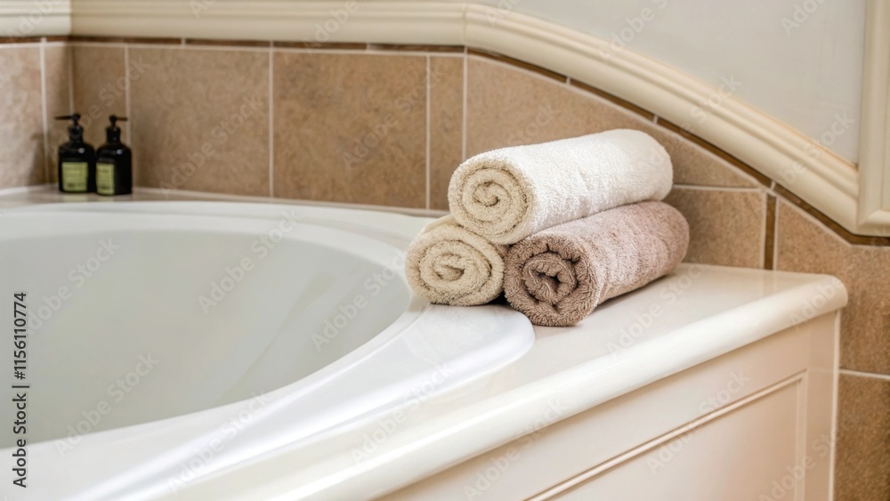 Poster a closeup angle of the bathtubs corner showcasing the gentle curve leading to the wall with rolled t