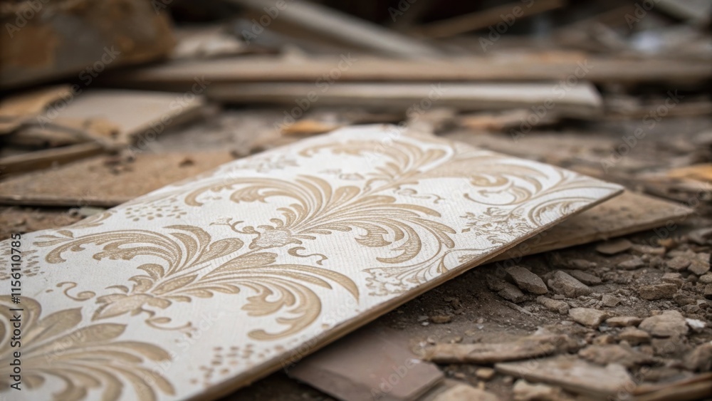 Aufkleber A closeup angle focusing on the intricate lacelike patterns of a fragile wallpaper scrap the elegance of its design juxtaposed with the roughness of its discarded surroundings.