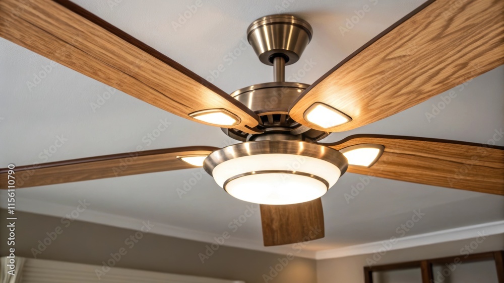 Poster A close shot of a newly installed ceiling fan with wooden blades illuminated by integrated LED lights showcases both functionality and style perfectly poised in the tranquil space.