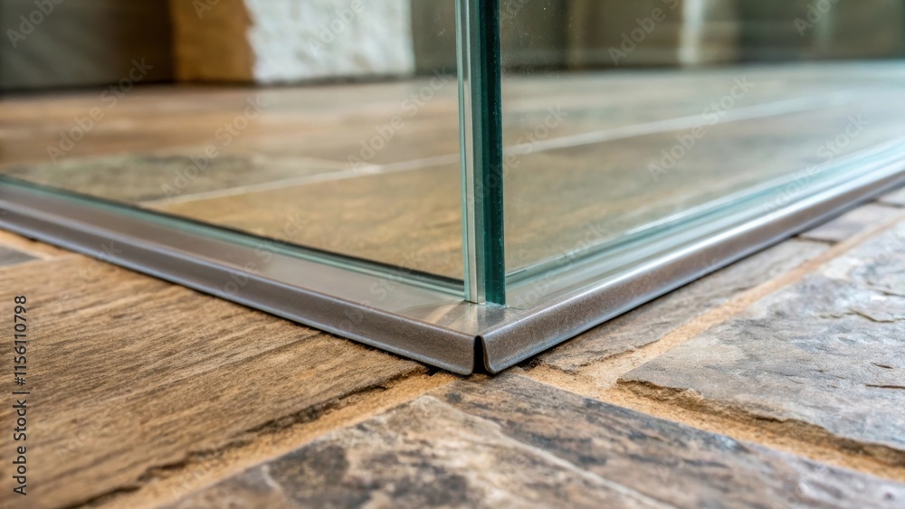 Aufkleber A close shot of the lower edge of a glass panel resting against a textured flooring where the clear glass contrasts with rustic tiling detailing the junction.