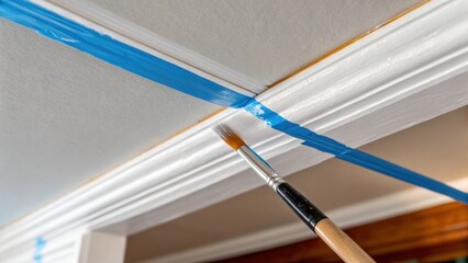 A closeup detail of the paint application process showing a thin brush resting at the edge of the ceiling glossy white paint accentuated against the taut blue tape surrounding it.