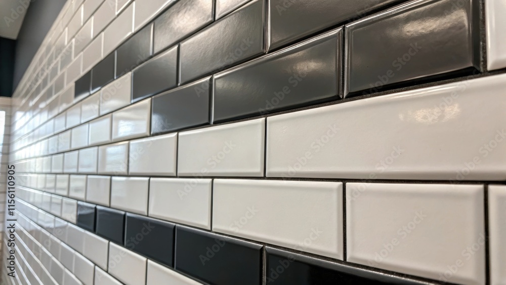Poster a close inspection of a modern bathroom wall featuring elongated tiles paired with dark grout showca