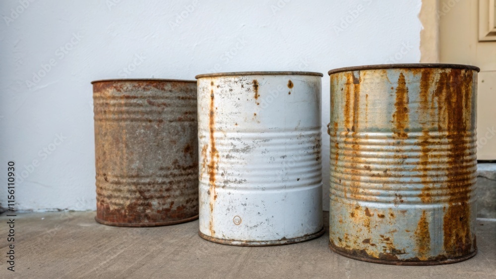 Poster a close focus on the dented sides of three emptied paint cans reflecting the light with a smooth pal