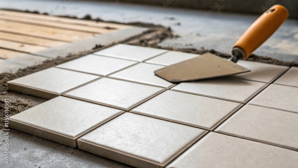 Poster A close focus on tiles in midapplication with a trowel resting beside them demonstrating the tactile nature of the renovation work in progress.