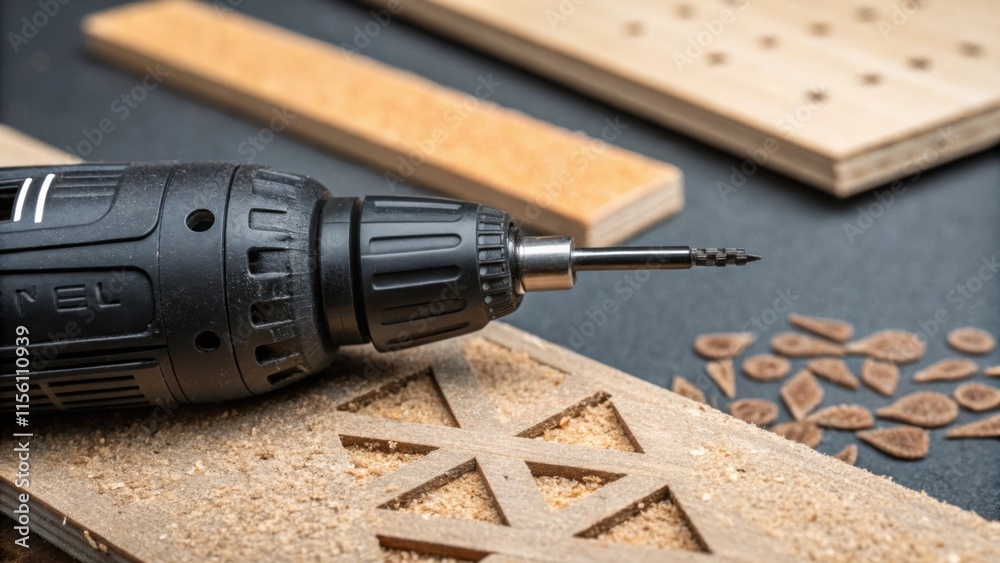 Aufkleber A closefocus shot of a Dremel tool its intricate design highlighted against the backdrop of tered sandpaper and tiny wood pieces showcases the finer details of the renovation