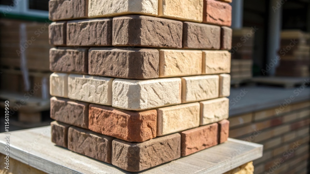 Poster A close focus on a stack of brick veneer where the interplay of light reveals a trio of bricks with contrasting finishes creating visual complexity and intrigue.