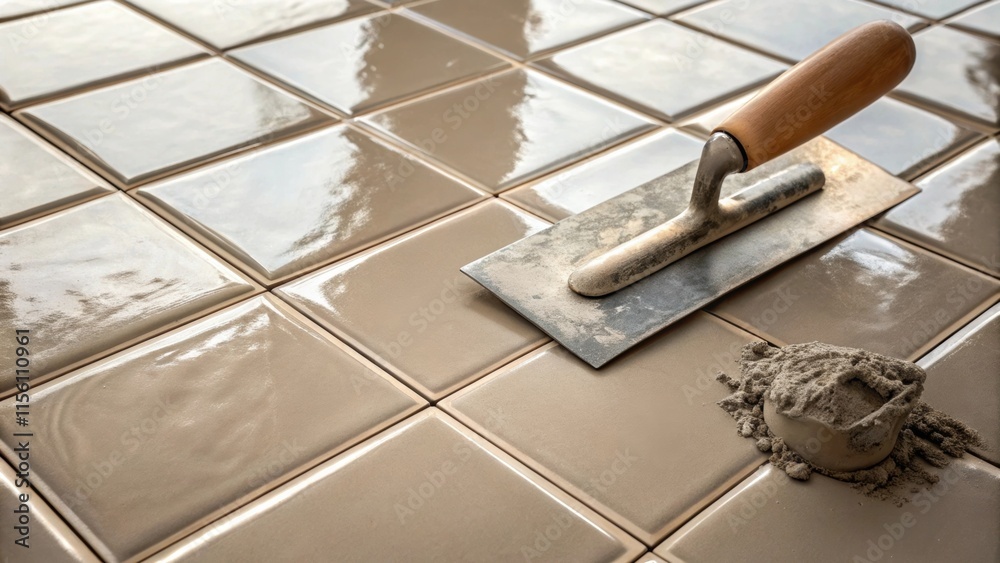 Poster a close focus on the glossy surface of a ceramic tile featuring a subtle shimmer beside a chunky tro