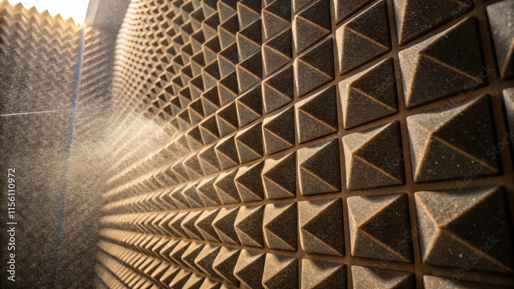 Aufkleber A close examination of a series of staggered acoustic panels combining different patterns and textures with dust particles speckled in the sunlight filtering through the room.