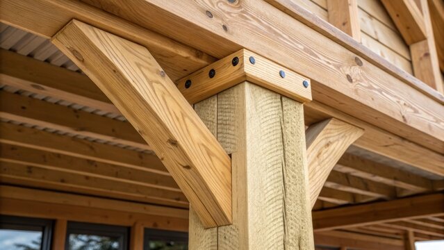A close focus on a beams end cap revealing detailed joinery work with insulation closely fitted giving an impression of both stability and aesthetic appeal.