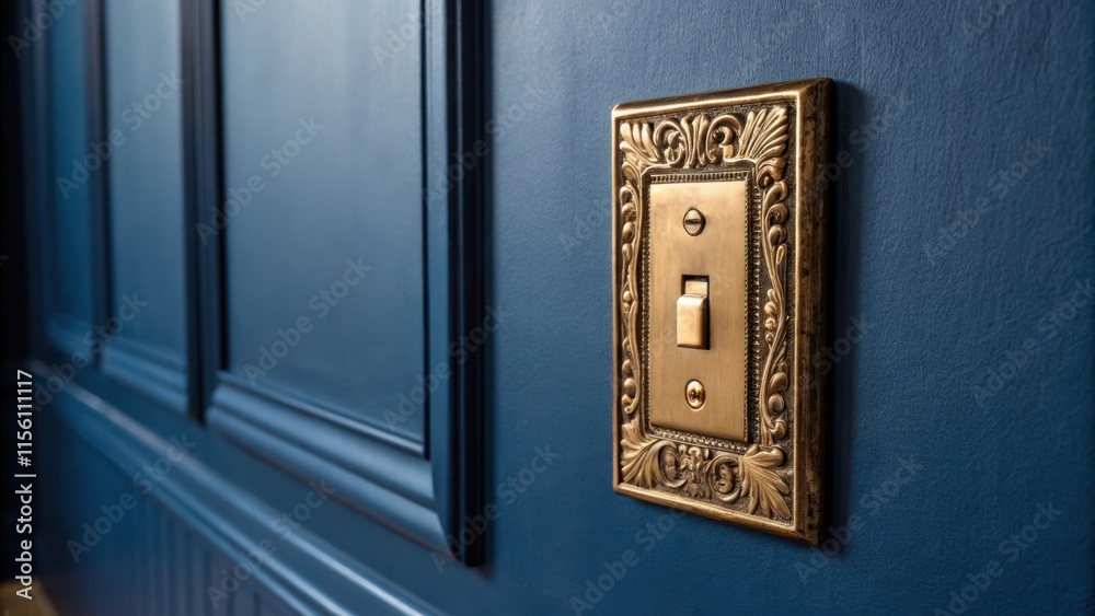 Poster a brassfinished light switch contrasts beautifully against a deep navy blue wall the rich color high