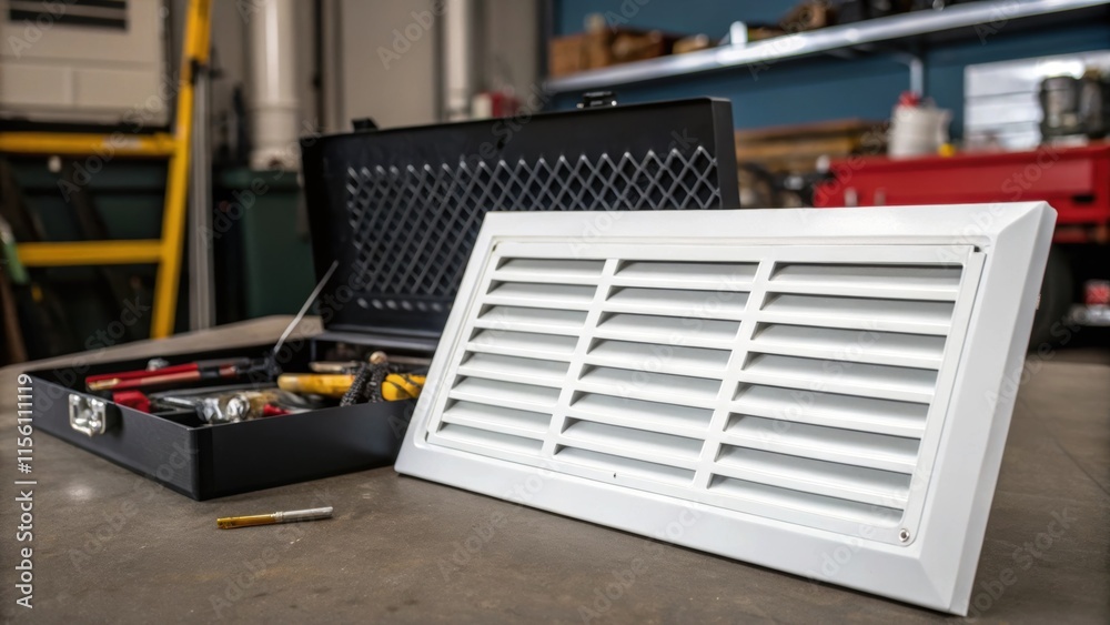 Aufkleber a brandnew vent cover with a sleek white finish is positioned next to an open toolbox the texture of
