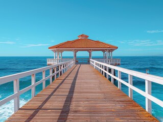 A stunning aerial view of a wooden pier leading to a pavilion over the vibrant blue ocean, under a clear sky at Manhattan Beach.
