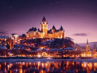 Obraz premium A majestic view of the Château Frontenac hotel illuminated at night, overlooking the St. Lawrence River, with a starry sky setting a magical scene.