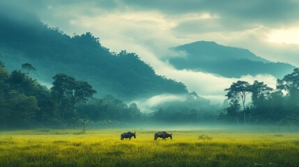 Serene Landscape with Cattle in a Misty Field Surrounded by Lush Green Hills and Majestic Mountains under a Cloudy Sky at Dawn