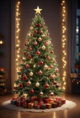 Christmas tree in festive background with ornaments and lights,  snowman, Christmas decorations