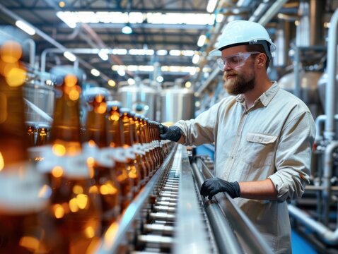 A factory worker wearing protective gear inspects a conveyor line filled with brown beer bottles in a bright, industrial brewery setting.