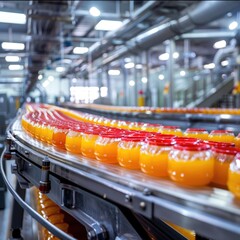 Orange juice bottles on a conveyor belt in a beverage factory, industrial installation, production and automation concept.