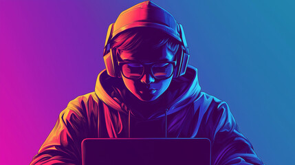 young male hacker with head phones
