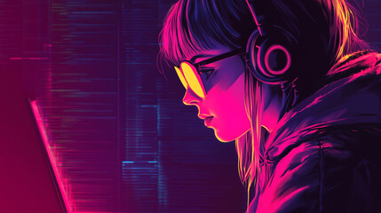 young female hacker with head phones