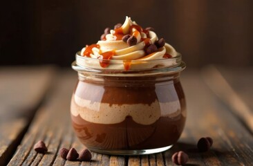 rich chocolate and cream dessert in mason jar topped with whipped cream, caramel, chocolate chips....