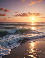 Fototapeta premium Dreamy ocean waves caressing the shore at sunset, dreamy, shoreline