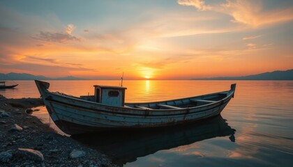 Fototapeta premium Rusty boat docks at tranquil sunset. Calm water reflects golden sky. Peaceful scene. Scenic seaside view. Old boat on shoreline. Nature photography. Calm peaceful scene. Beautiful landscape image.