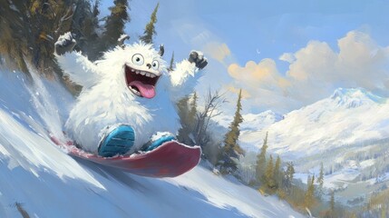 Fototapeta premium A cartoon yeti with an exaggerated comical face is carelessly sledding down a snowy hill, flinging its arms and sticking out its tongue.