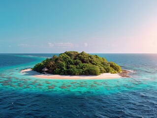 Fototapeta premium Aerial view of a vibrant atoll with lush greenery, surrounded by turquoise waters, exuding a serene and tropical paradise vibe.