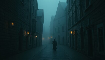 Mysterious figure walks down foggy medieval street at night. Old stone buildings line narrow path. Gloomy atmosphere with dark silhouettes. Empty, desolate street. Lanterns light up dark alley. Foggy