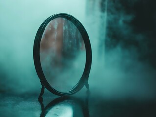 antique oval mirror surrounded by ethereal mist in a dreamlike atmosphere