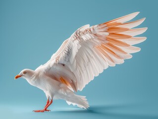 Obraz premium A white bird with orange-tipped wings extended, set against a light blue background, showcasing elegance and tranquility.