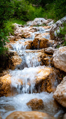 Obraz premium A dynamic image capturing the motion blur of a waterfall cascading down rocks. The blurred water creates a sense of movement and energy