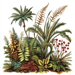 Lush tropical foliage with palm trees, ferns, and berries.
