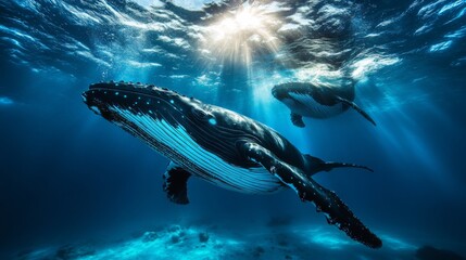 Fototapeta premium Humpback Whales Amidst Bioluminescent Sea Life