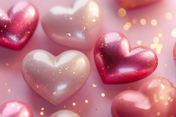 Obraz premium A whimsical arrangement of glossy pink hearts scattered across a surface. The hearts vary in size and create a playful and romantic effect