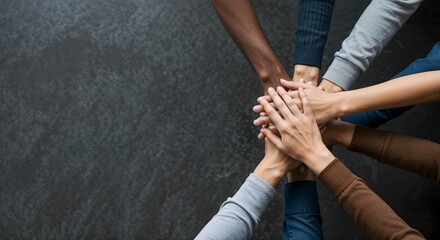 Hands touching in a circle over a minimalist table, symbolizing global teamwork. Diverse group fostering unity and cooperation in corporate or social projects