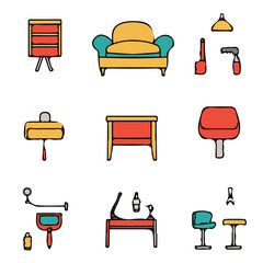 Furniture Icons with Color Set – Practical and Elegant Icons Perfect for Living Room, Bedroom, and Office Furniture
