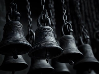 Obraz premium black and white bells collection hanging in a row, their aged surfaces reflecting the dim light, creating a mysterious and slightly ominous atmosphere